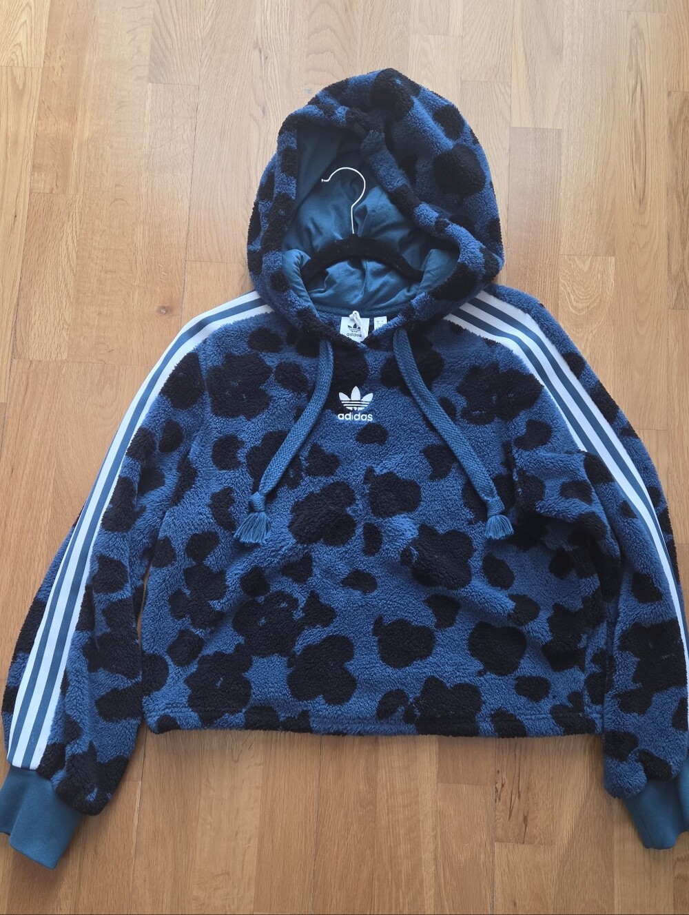 Adidas Blue & Black Patterned Sherpa Hooded Jacket